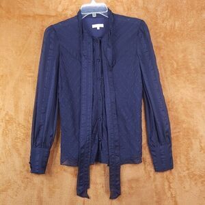 REBECCA TAYLOR Top Womens Size 2 Navy Button Up Tie Scrarf Neck Sheer Sleeve